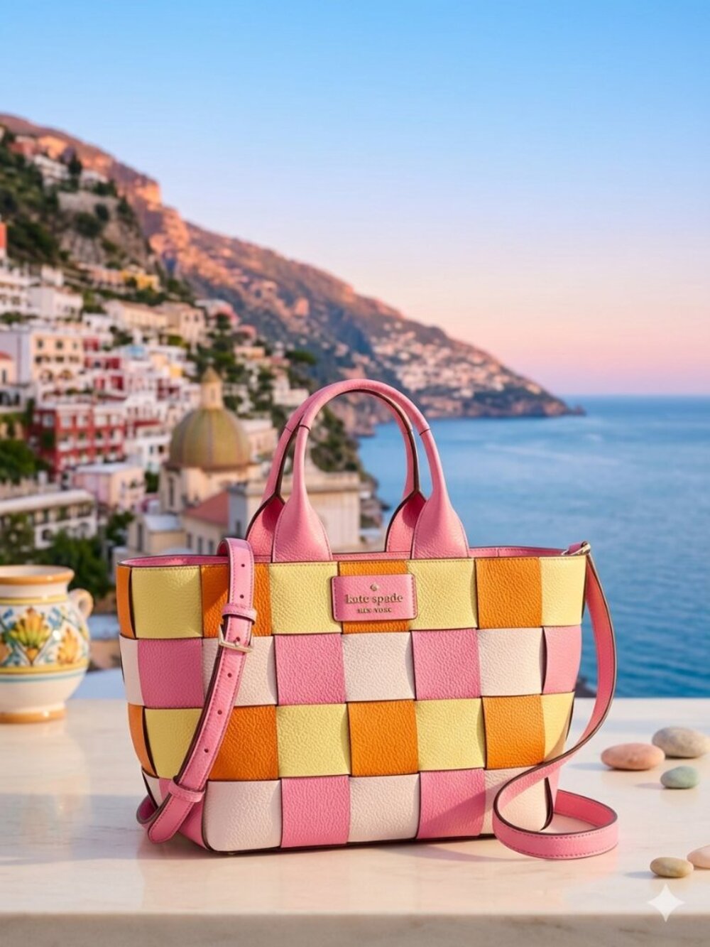kate spade Pink, Yellow, Orange & Cream Woven Leather Tote